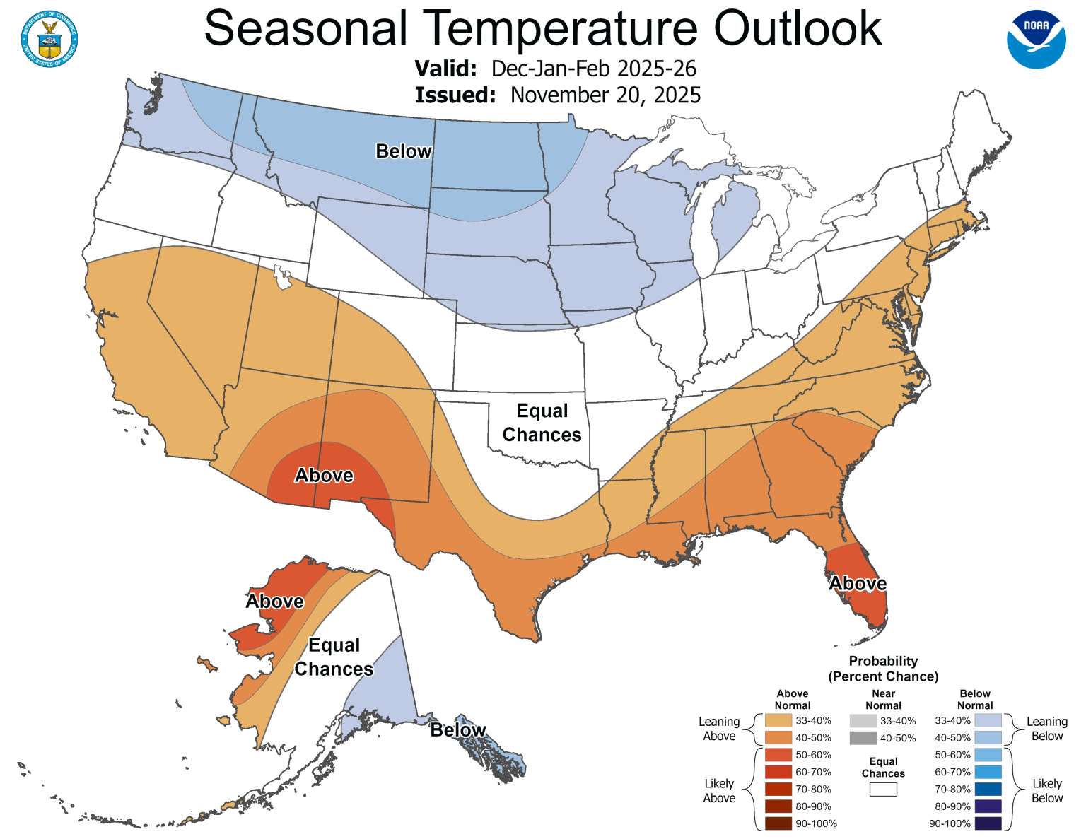 NOAA map of the united states illustrating that most of the US will have average or above normal temperatures for winter 2025/26