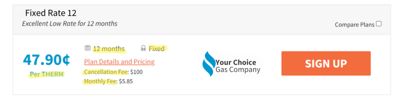 when comparing natural gas rates in georgia look at the price per therm, cancellation fee and monthly fee.
